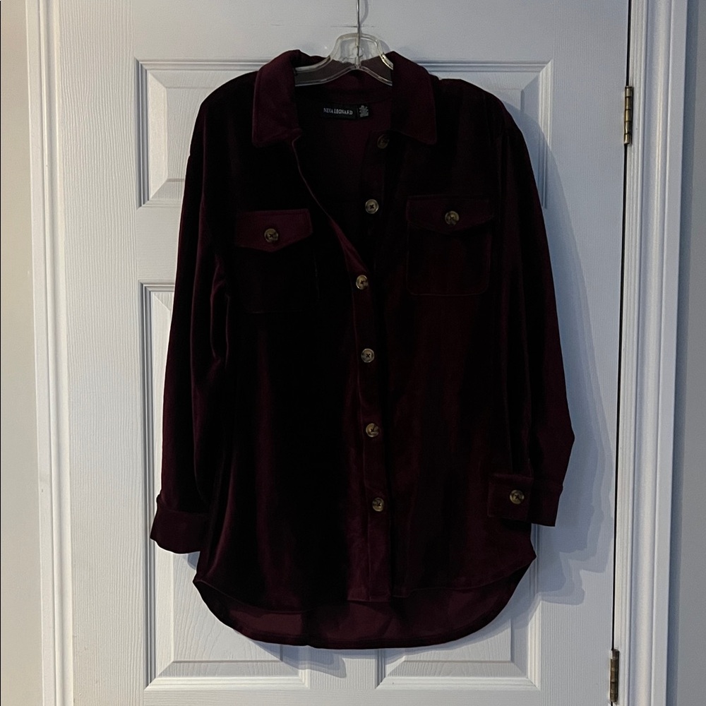 Nina Leonard Velvet Button-Down Shirt in Deep Burgundy